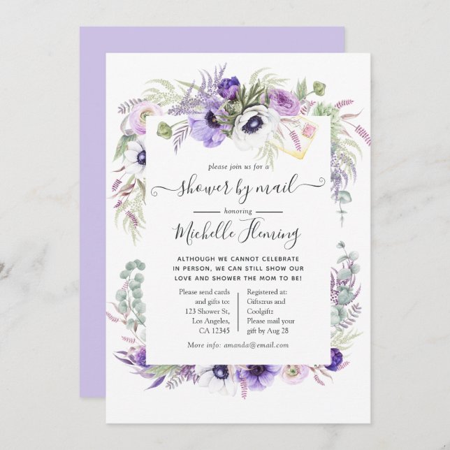 Dusty Violet Floral Baby Shooter by Mail Einladung (Vorne/Hinten)