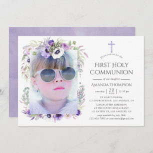 Dusty Violet Floral First Holy Communion Einladung