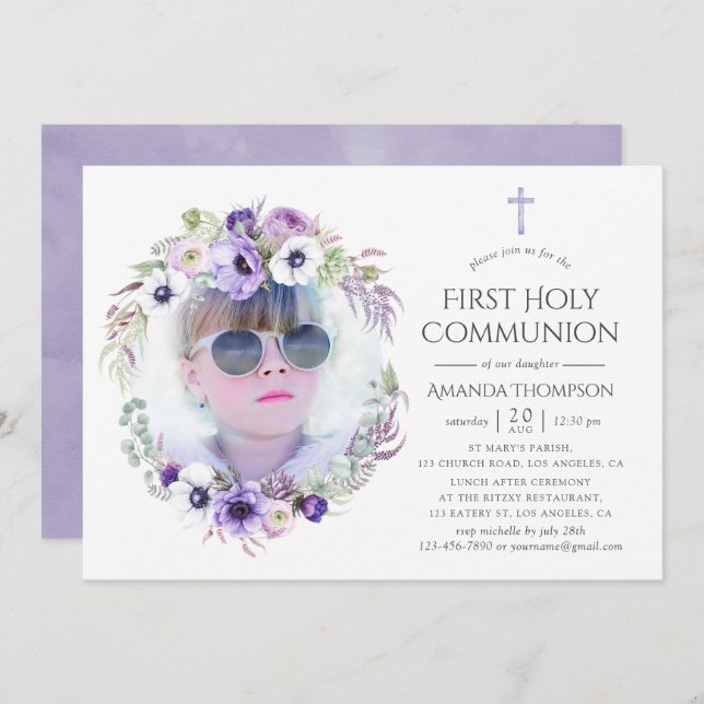 Dusty Violet Floral First Holy Communion Einladung (Vorne/Hinten)