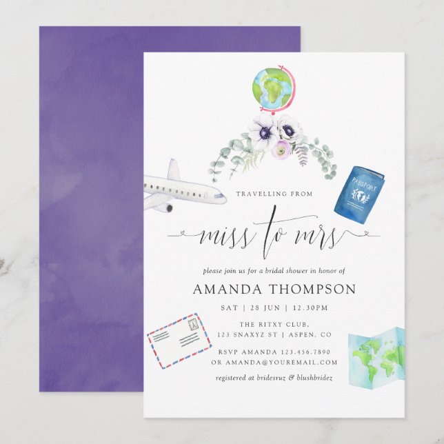 Dusty Violet Floral Miss an Mrs. Brautparty Einladung (Vorne/Hinten)