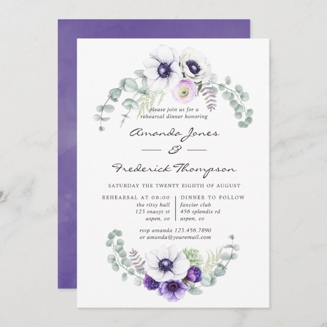 Dusty Violet Floral Wedding Probe Dinner Einladung (Vorne/Hinten)