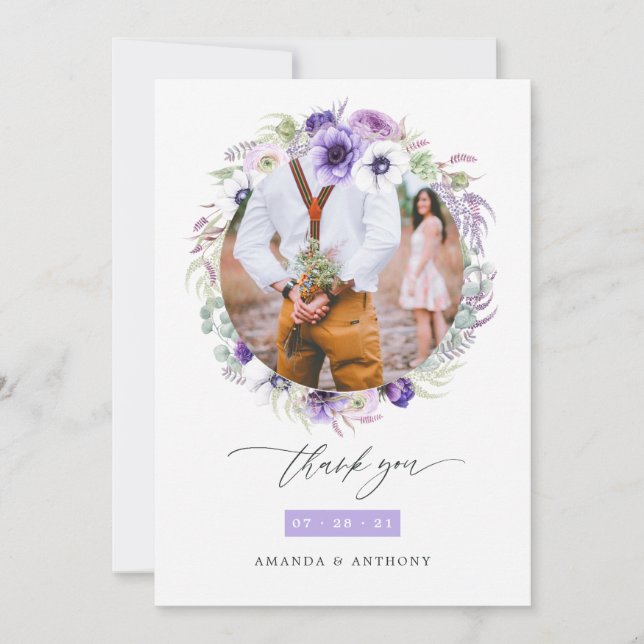 Dusty Violet Pastel Floral Wedding Foto Dankeskarte (Vorderseite)