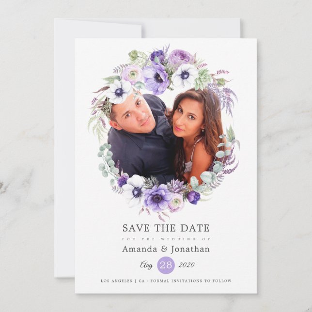 Dusty Violet Pastel Watercolor Foto Hochzeit Save The Date (Vorderseite)