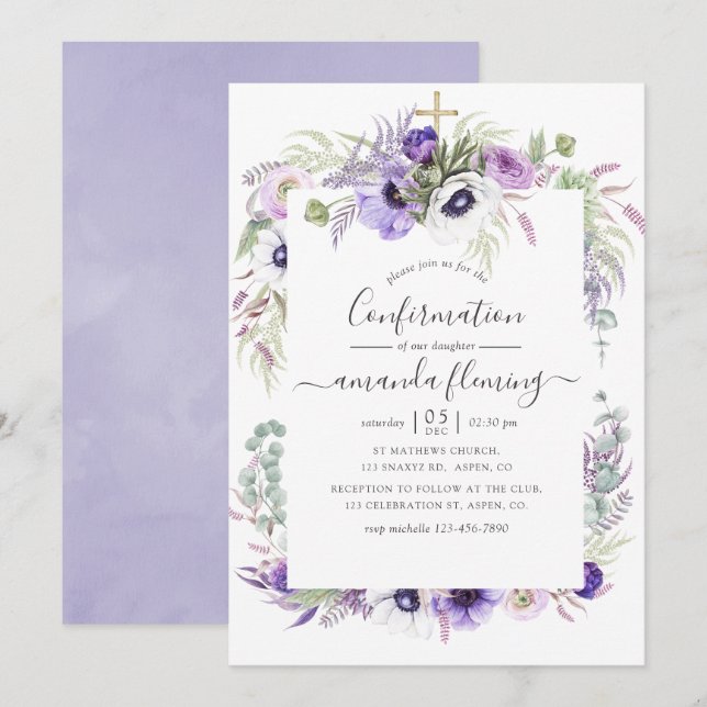 Dusty Violet Watercolor Floral Confirmation Einladung (Vorne/Hinten)