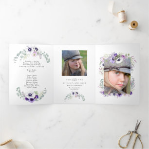 Dusty Violet Watercolor Floral Quinceañera Dreifach Gefaltete Einladung