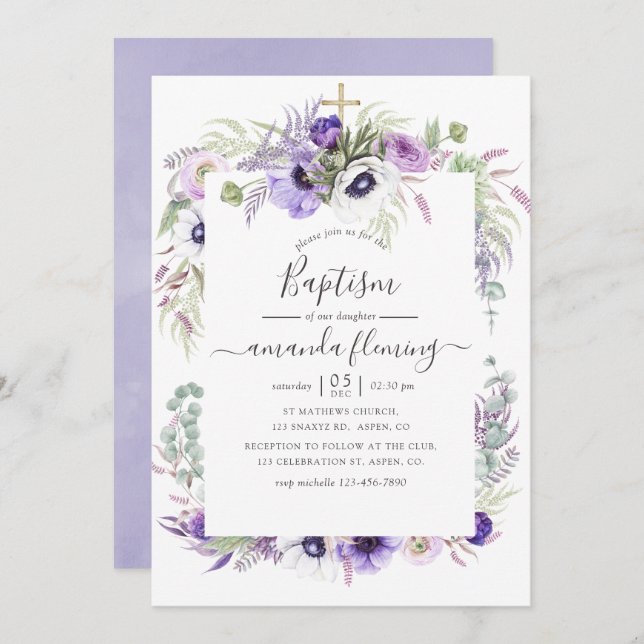 Dusty Violet Watercolor Floral Taufe Einladung (Vorne/Hinten)