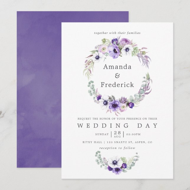 Dusty Violet Wedding Watercolor Floral Einladung (Vorne/Hinten)
