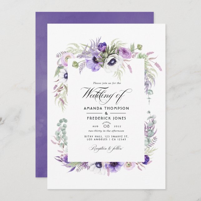 Dusty Violet Wedding Watercolor Floral Foto Einladung (Vorne/Hinten)