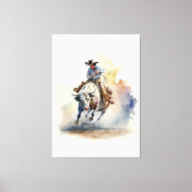 Dusty Western Wasserfarbe "Rodeo Bull Rider" Leinwanddruck (Vorderseite)