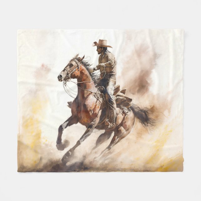 Dusty Western Watercolor Cowboy Riding Mustang Fleecedecke (Vorderseite (Horizontal))
