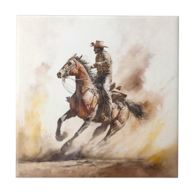 Dusty Western Watercolor Cowboy Riding Mustang Fliese (Vorderseite)