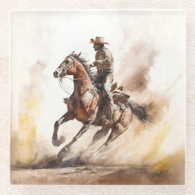 Dusty Western Watercolor Cowboy Riding Mustang Glasuntersetzer (Vorderseite)