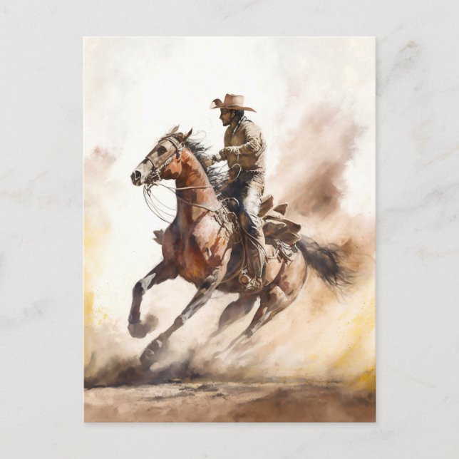 Dusty Western Watercolor Cowboy Riding Mustang Postkarte (Vorderseite)