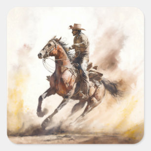 Dusty Western Watercolor Cowboy Riding Mustang Quadratischer Aufkleber