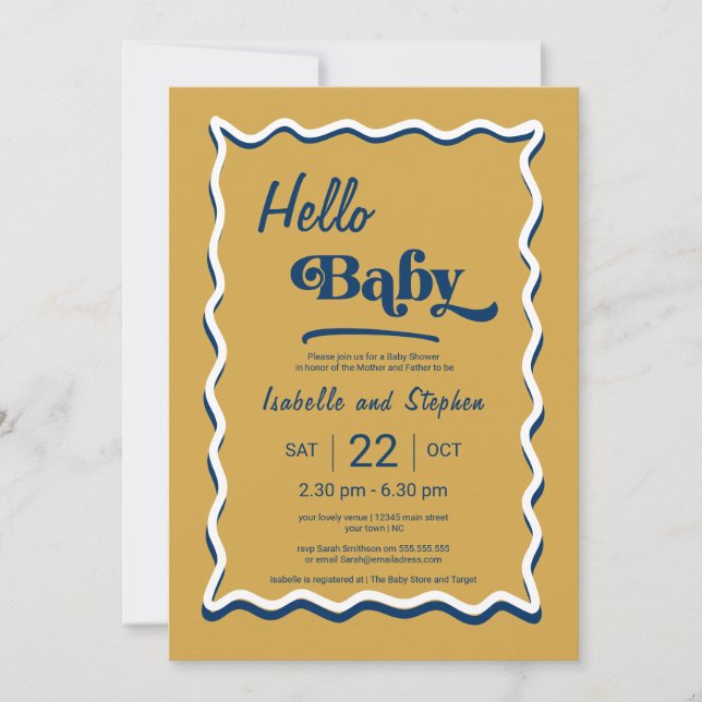 Dusty Yellow & Blue Modern Hello Baby Dusche Einladung (Vorderseite)