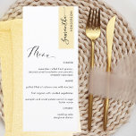 Dusty Yellow Personalisiert mit Gast Name Elegant Menükarte<br><div class="desc">Warum in Platzkarten und Menükarten verbringen, wenn Sie ein elegantes All-in-One-Menü personalisiert mit jedem Gast-Namen haben können! Modernes, einfaches und elegantes Design mit schöner moderner handgeschriebener Kalligraphie. Oben rechts in attraktivem, staubigen gelben Ton mit dem Namen des Gastes in schwarz streichen. Zurück in demselben staubigen Gelb wie Streifen. Möglichkeit, die...</div>
