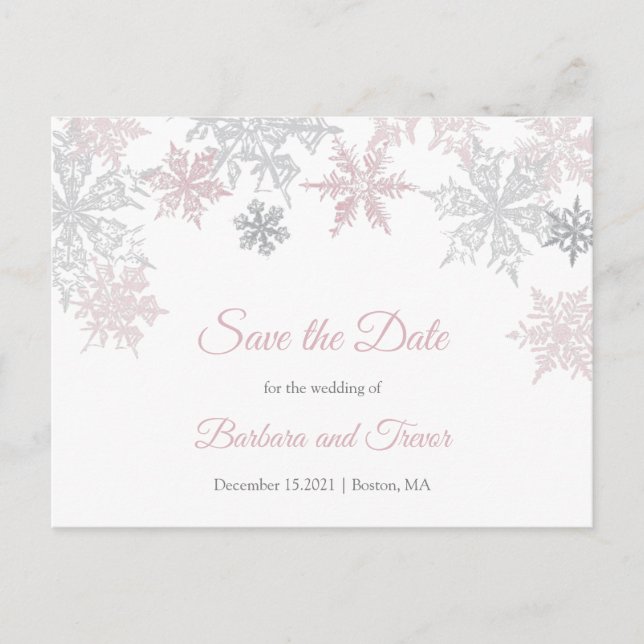 Dusy Pink & Silver Snowflakes Winter Save the Date Ankündigungspostkarte (Vorderseite)