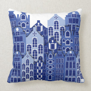 Dutch Amsterdam Blue Houses Throw Pillow Kissen