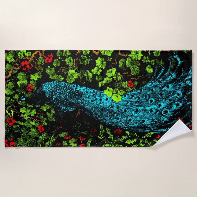 Dutch Art Nouveau Peacock and Butterfly Strandtuch (Vorderseite)