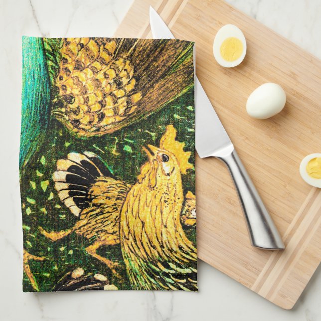 Dutch Art Nouveau Peacock and Chickens Geschirrtuch (Viertel Falte)