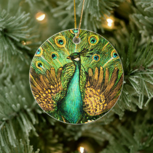 Dutch Art Nouveau Peacock and Chickens Keramik Ornament