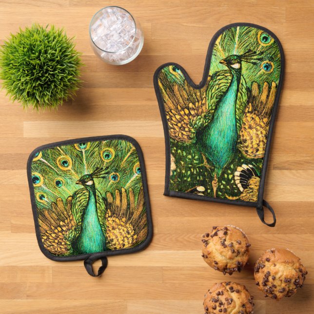 Dutch Art Nouveau Peacock and Chickens Ofenhandschuh & Topflappen-Set (Oben Unten)
