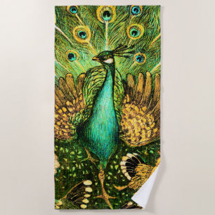 Dutch Art Nouveau Peacock and Chickens Strandtuch