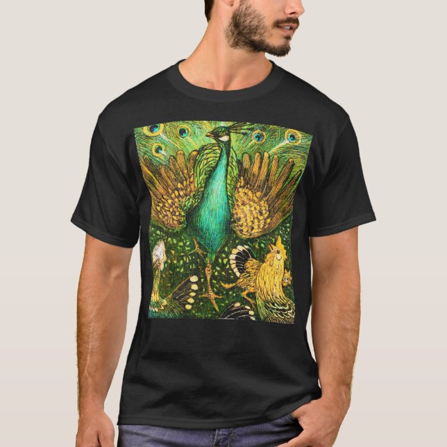 Dutch Art Nouveau Peacock and Chickens T-Shirt (Vorderseite)