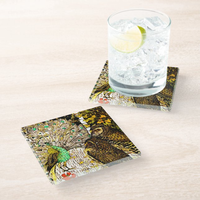 Dutch Art Nouveau Peacock and Owls Glasuntersetzer (Schrägansicht)