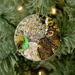 Dutch Art Nouveau Peacock and Owls Keramik Ornament