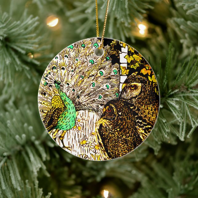 Dutch Art Nouveau Peacock and Owls Keramik Ornament (Baum)