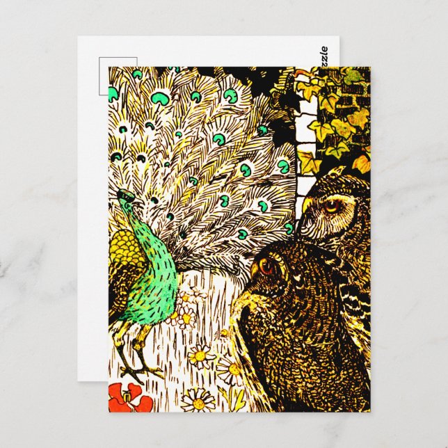 Dutch Art Nouveau Peacock and Owls Postkarte (Vorne/Hinten)