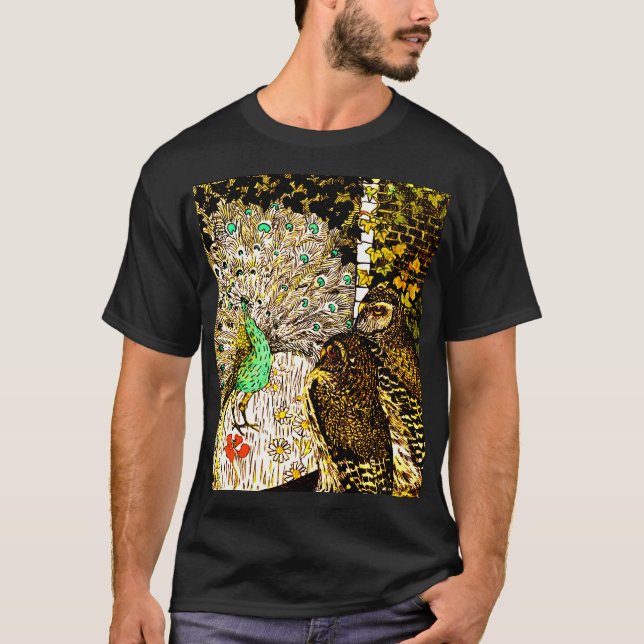Dutch Art Nouveau Peacock and Owls T-Shirt (Vorderseite)