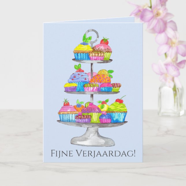 Dutch Birthday Watercolor cupcakes Card Karte (Orchidee)