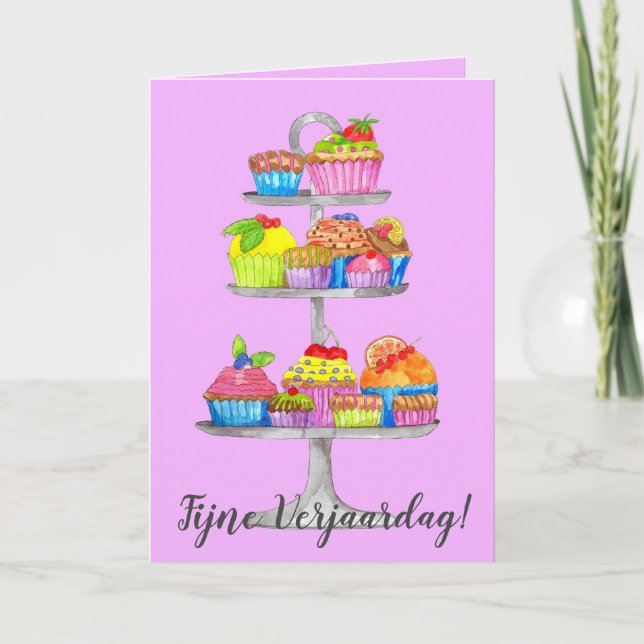 Dutch Birthday Watercolor cupcakes Card Karte (Vorderseite)