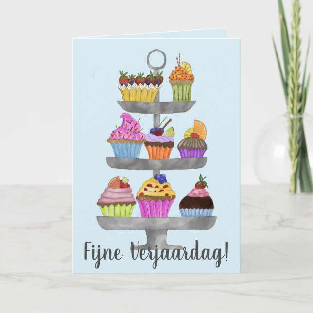 Dutch Birthday Watercolor cupcakes Card Karte (Vorderseite)