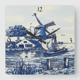 Dutch Blue Vintag Style Windmühle Quadratische Wanduhr