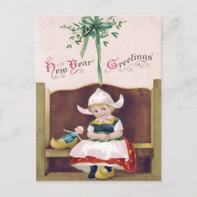 Dutch Girl Doll Mistletoe Clog Pew Postkarte (Vorderseite)