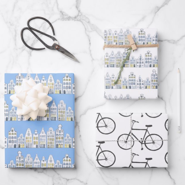 Dutch Houses Bikes Amsterdam Varieté Geschenkpapier Set (Vorderseite)