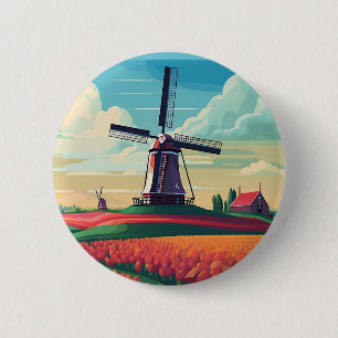 Dutch Orange Tulip Field Windmill Niederlande Button