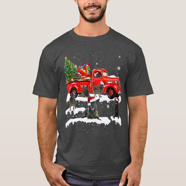 Dutch Shepherd Riding Red Truck Xmas Merry T-Shirt (Vorderseite)