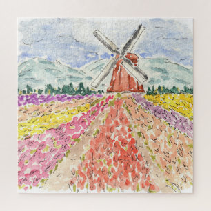 Dutch Tulip Fields Netherlands Watercolor Puzzle