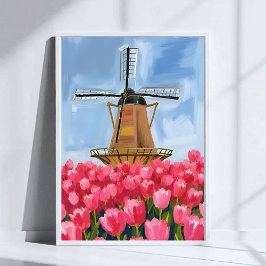 Dutch Windmill Tulip Flower Field Watercolor Art Poster