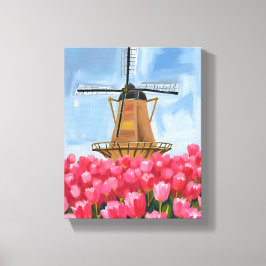 Dutch Windmill Tulip Flower Field Watercolor Leinwanddruck