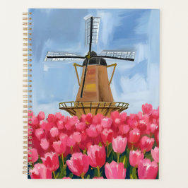 Dutch Windmill | Tulip Flower Field Watercolor Planer