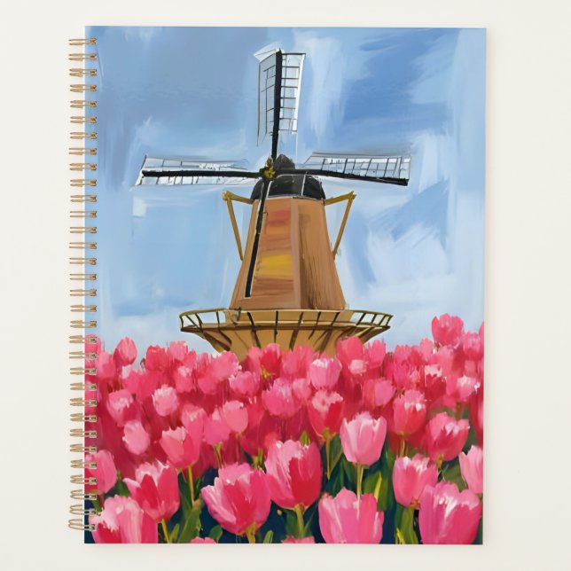 Dutch Windmill | Tulip Flower Field Watercolor Planer (Vorderseite)