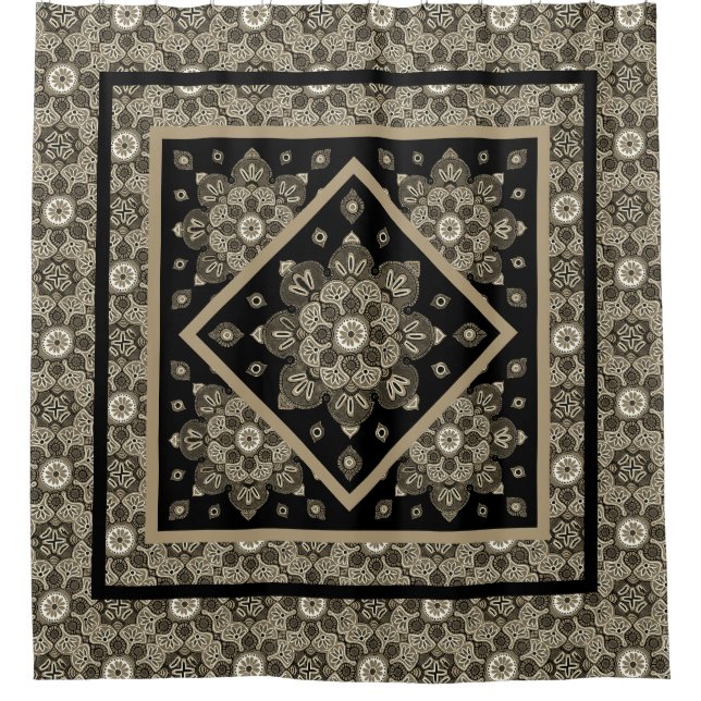 Duvet Cover Boho Sepia Medallions auf schwarz Duschvorhang (Vorderseite)