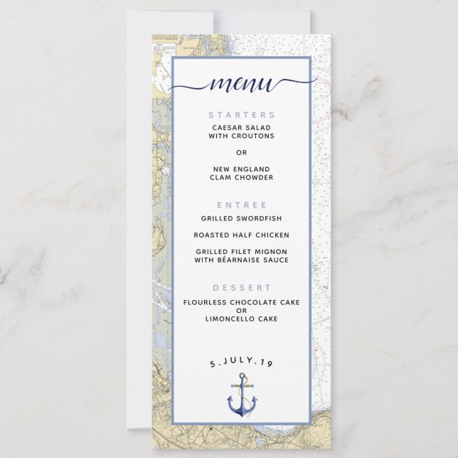 Duxbury Harbor MA Nautical Chart Wedding Menü Einladung (Vorderseite)