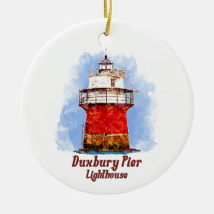 Duxbury Pier Lighthouse Wasserfarbe - Massachusett Keramik Ornament
