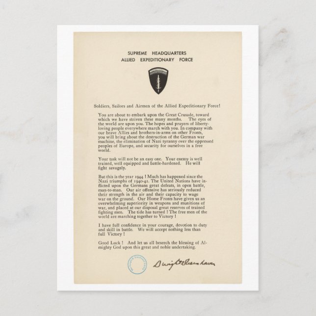 Dwight D. Eisenhower's Order of the Day (1944) Postkarte (Vorderseite)